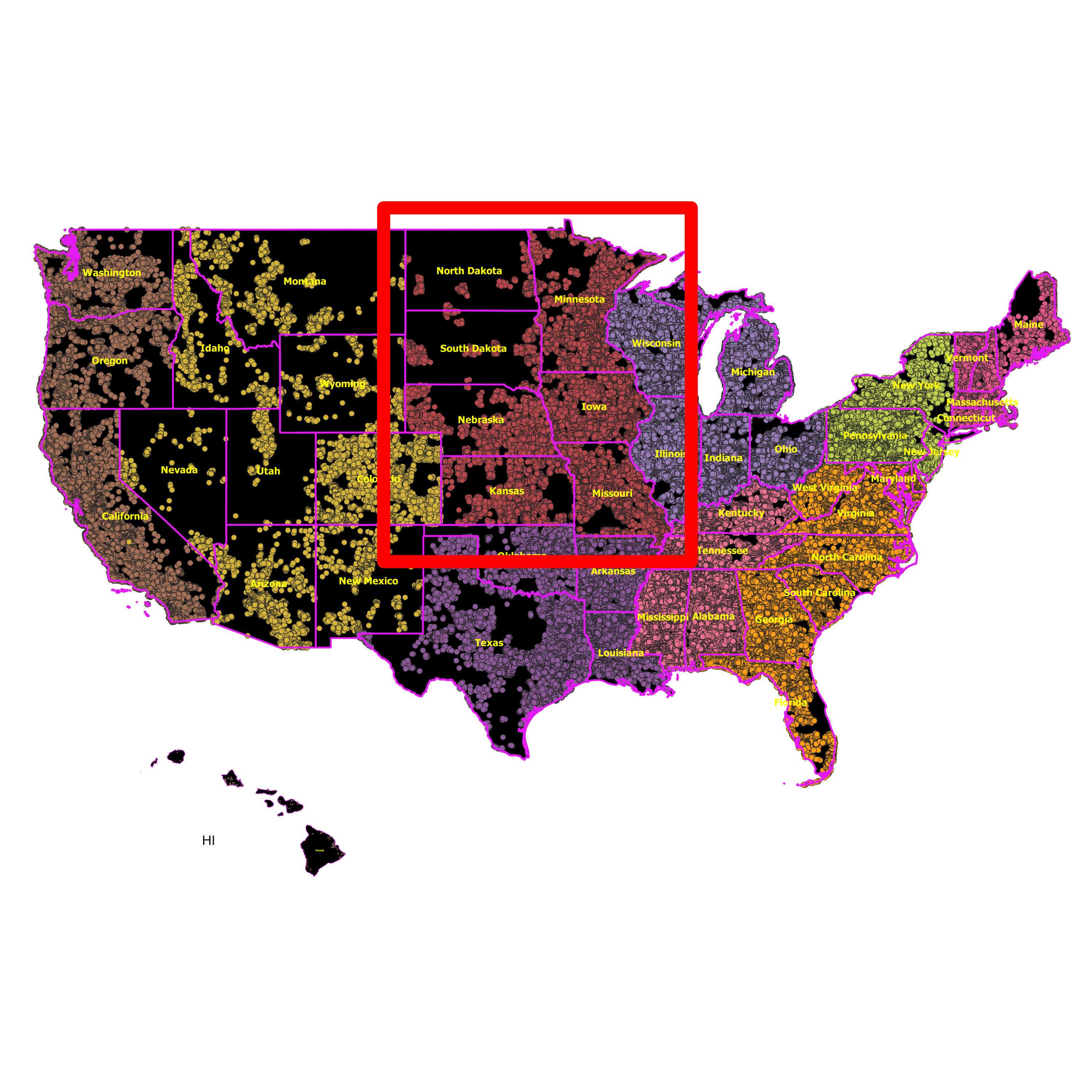 West North Central (IA, KS, MN, MO, NE, ND, SD) - RDOF Location Analyzer